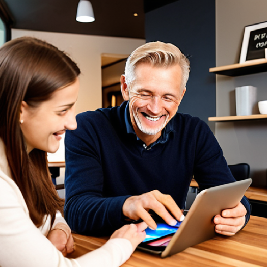 **Prompt:** A clean, brightly lit image depicting a diverse German customer of various ages (e.g., a woman in her 30s or a man in his 50s) smiling genuinely while interacting with a sleek, minimalist AI chat interface on a tablet or laptop. The interface displays friendly, precise, and proactive responses, embodying a "wow" moment of exceptional 24/7 customer service. The background suggests comfort and convenience, like a cozy living room at night or a modern café, subtly implying service outside traditional business hours. The focus is on the seamless and personalized experience, emphasizing high customer satisfaction and brand loyalty. Modern, positive, and trust-inspiring aesthetic.