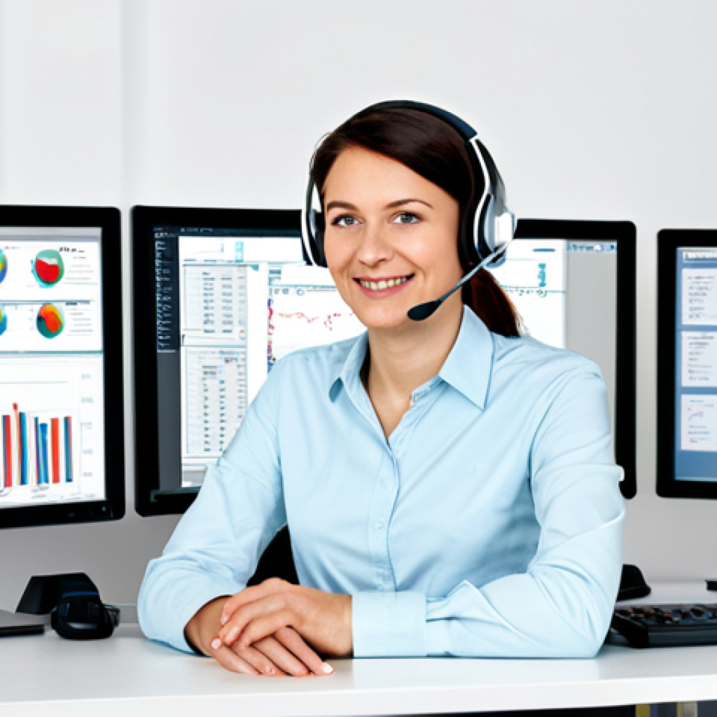 Modern Customer Service**

"A friendly, professional customer service representative, female, wearing a headset and a modest blouse, sitting at a clean desk in a bright, modern office in Berlin, Germany. Several computer monitors display charts and customer data. Fully clothed, appropriate attire, safe for work, professional environment, perfect anatomy, well-formed hands, natural pose, high quality, detailed, realistic, family-friendly."

**