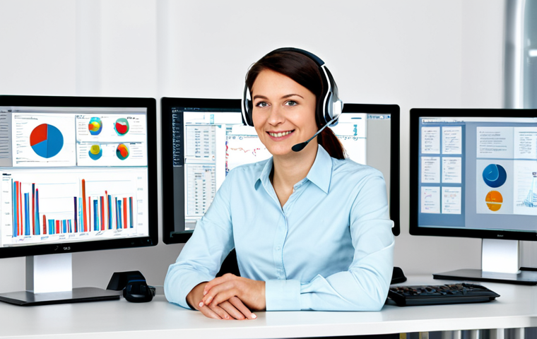 Modern Customer Service**

"A friendly, professional customer service representative, female, wearing a headset and a modest blouse, sitting at a clean desk in a bright, modern office in Berlin, Germany. Several computer monitors display charts and customer data. Fully clothed, appropriate attire, safe for work, professional environment, perfect anatomy, well-formed hands, natural pose, high quality, detailed, realistic, family-friendly."

**
