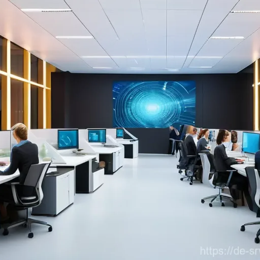 AI 상담사 서비스의 경쟁 분석 - **Prompt:** A sleek, modern customer service center in Germany. In the foreground, a diverse group o...