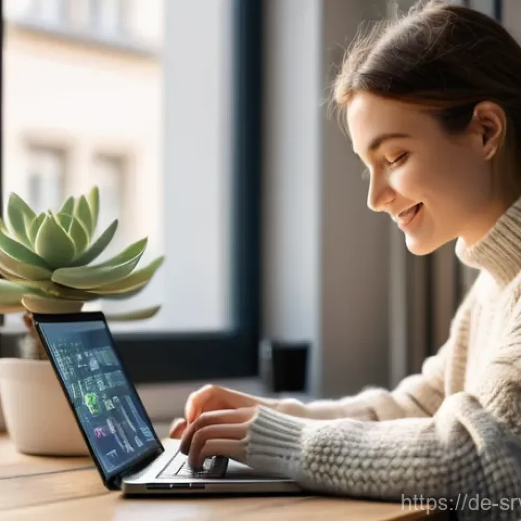 AI 상담사와 대화하는 방법 - **Prompt:** A young female blogger, in her late 20s, sits at a clean, modern desk in a sunlit home o...