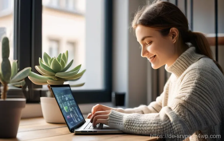 AI 상담사와 대화하는 방법 - **Prompt:** A young female blogger, in her late 20s, sits at a clean, modern desk in a sunlit home o...