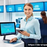 AI 상담사 서비스의 교육 자료 - **Prompt:** A vibrant, futuristic customer service center in a clean, minimalist German city setting...