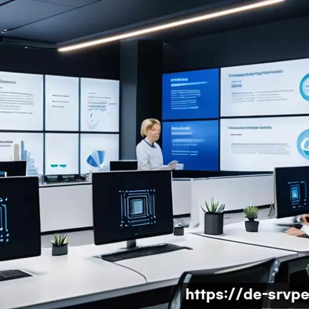 AI 상담사 서비스의 범위 및 한계 - A modern customer service center in Germany featuring a sleek office environment with diverse employ...