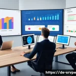 AI 상담사 서비스의 인사이트 분석 방법 - A modern corporate office scene showing a diverse team of German professionals analyzing customer se...