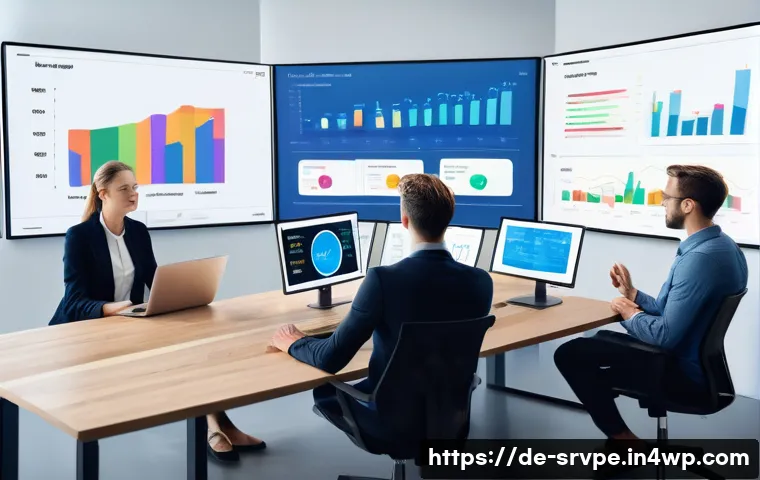 AI 상담사 서비스의 인사이트 분석 방법 - A modern corporate office scene showing a diverse team of German professionals analyzing customer se...