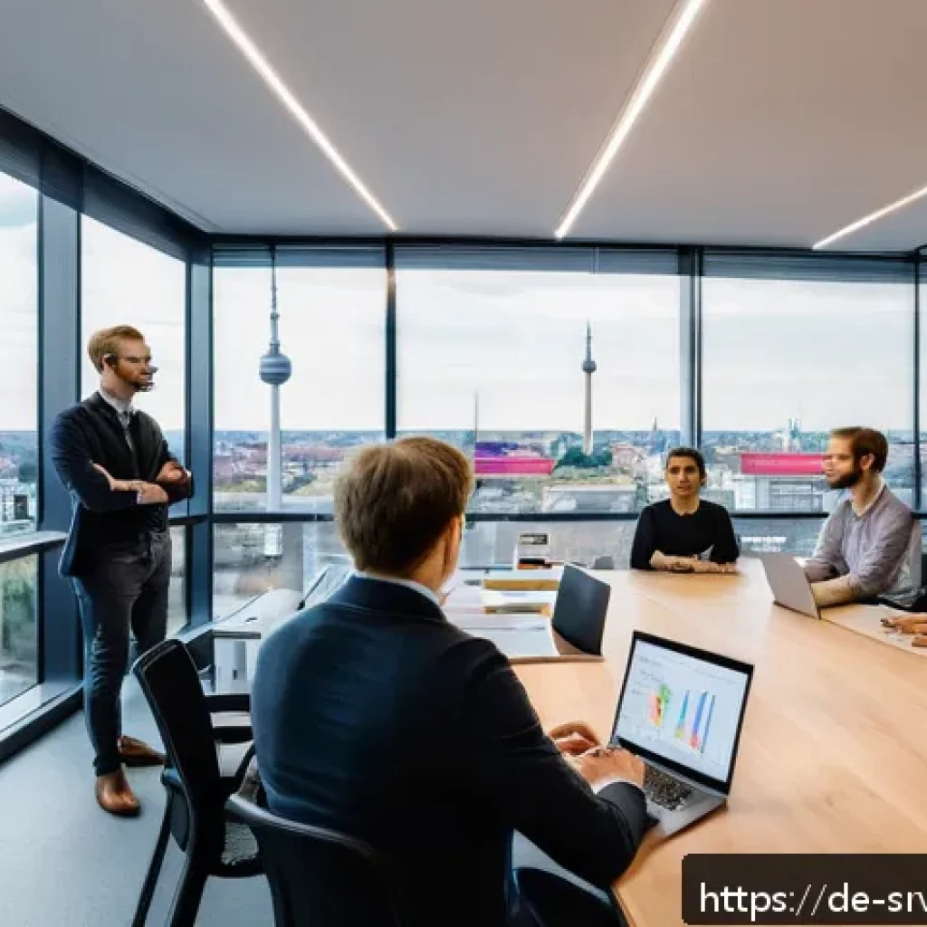 AI 상담사 서비스의 사용성 테스트 - A modern office scene in Berlin, showing a diverse group of German professionals engaged in a usabil...