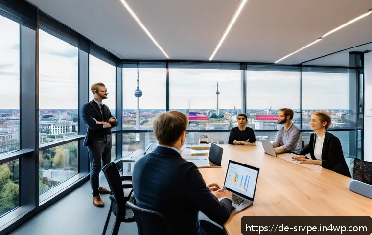 AI 상담사 서비스의 사용성 테스트 - A modern office scene in Berlin, showing a diverse group of German professionals engaged in a usabil...