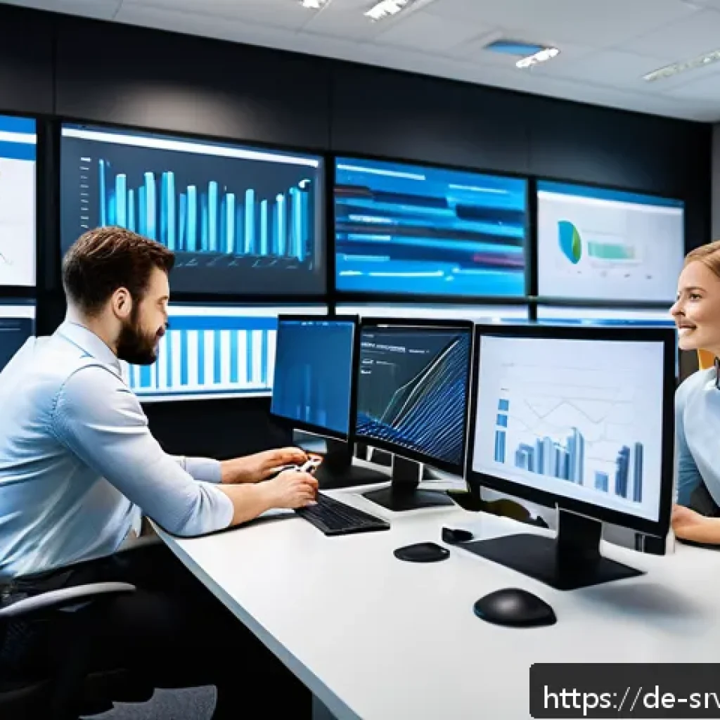 AI 상담사 서비스의 기술적 도전 - A modern corporate office scene showing a diverse team of data scientists, IT specialists, and busin...