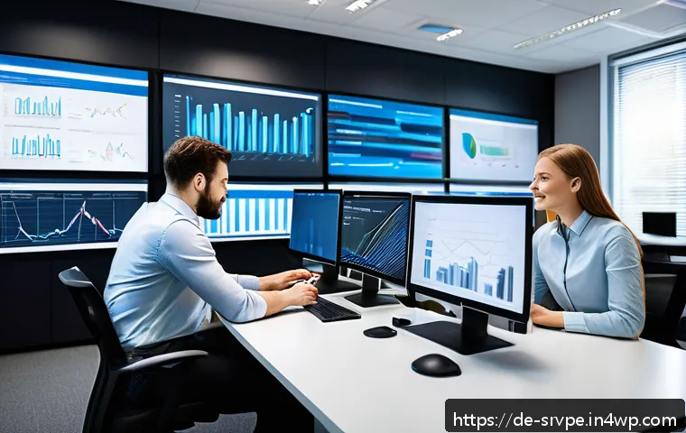 AI 상담사 서비스의 기술적 도전 - A modern corporate office scene showing a diverse team of data scientists, IT specialists, and busin...