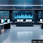 Home 19 AI 상담사 서비스의 정보 보호 수단 - A futuristic digital control room with multiple transparent holographic screens displaying encryptio...